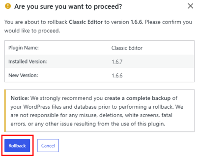 Update WordPress Plugins - Confirm to Rollback