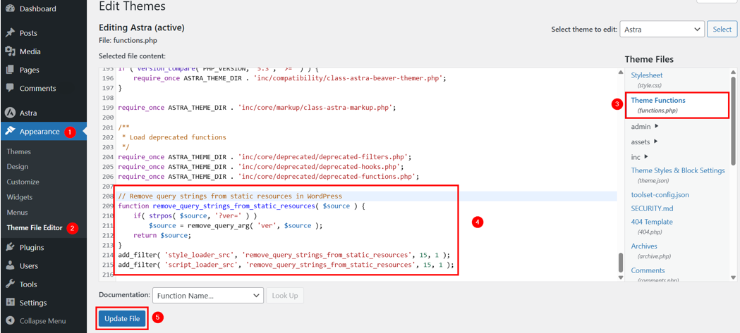 Remove Query Strings From Static Resources - Edit functions.php File