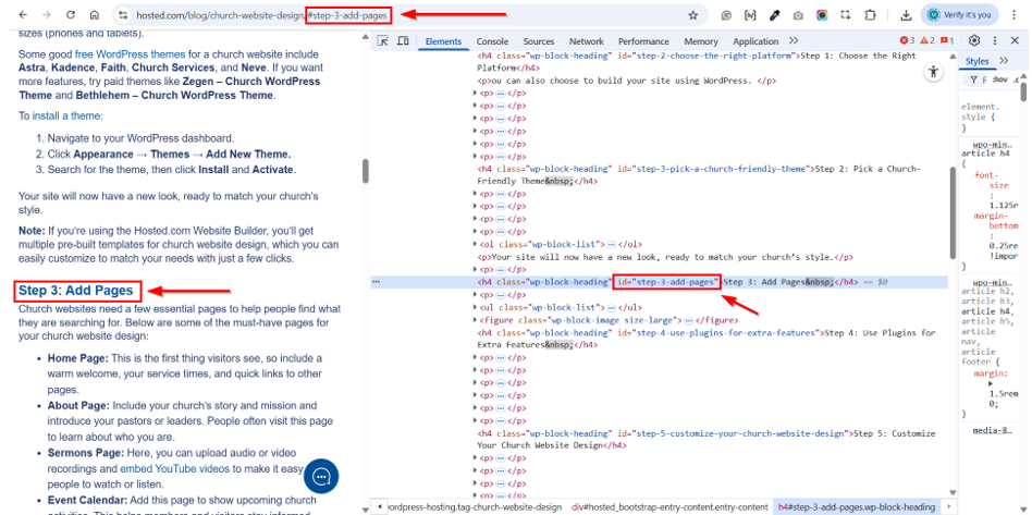 WordPress Anchor Links Setup - Locating HTML Element’s ID Using Chrome Developer Tools