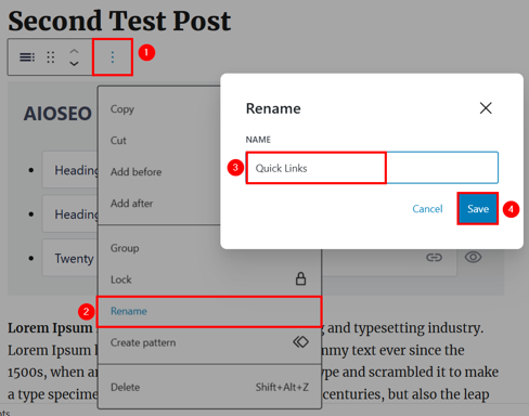WordPress Anchor Links Setup - Rename Block