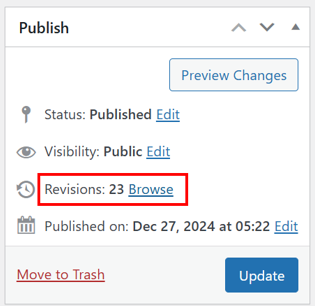 WordPress Revisions - Open Revisions Screen
