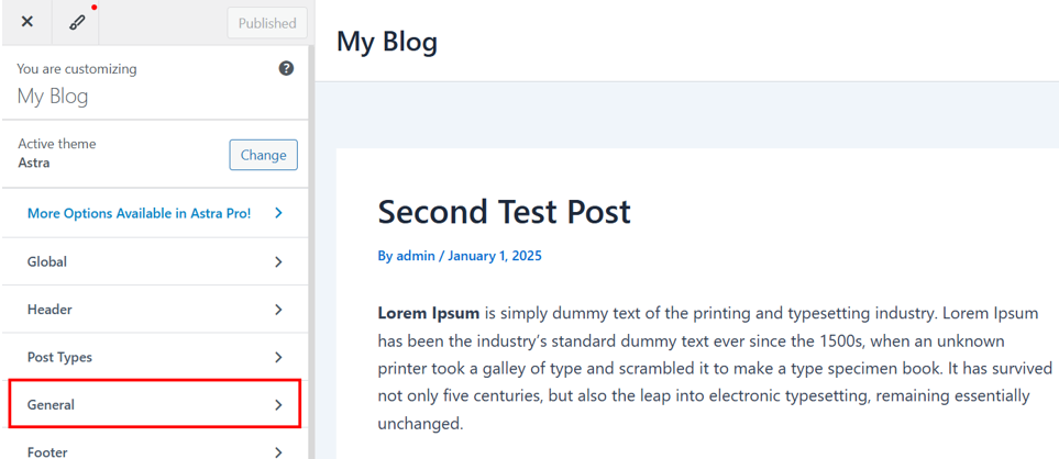 WordPress Breadcrumbs - Open General Settings in Astra Theme Customizer
