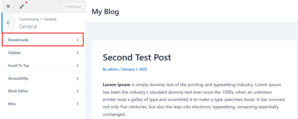 WordPress Breadcrumbs - Open Breadcrumb Settings in Astra Theme Customizer