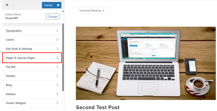 WordPress Breadcrumbs - Open Pages/Special Pages Settings via Theme Customizer