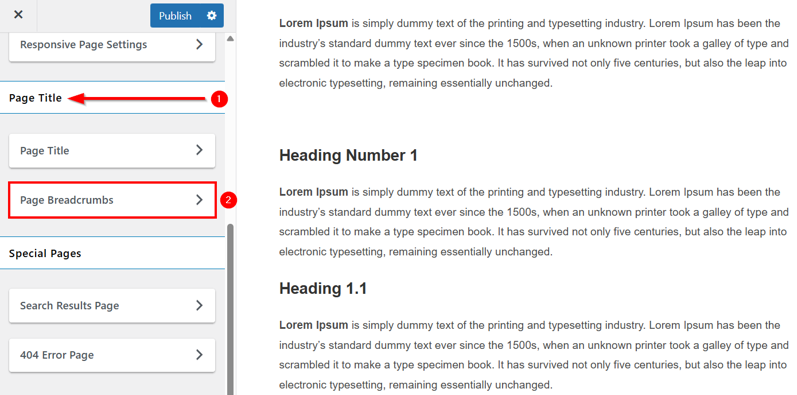 WordPress Breadcrumbs - Open Page Breadcrumbs Settings in Theme Customizer