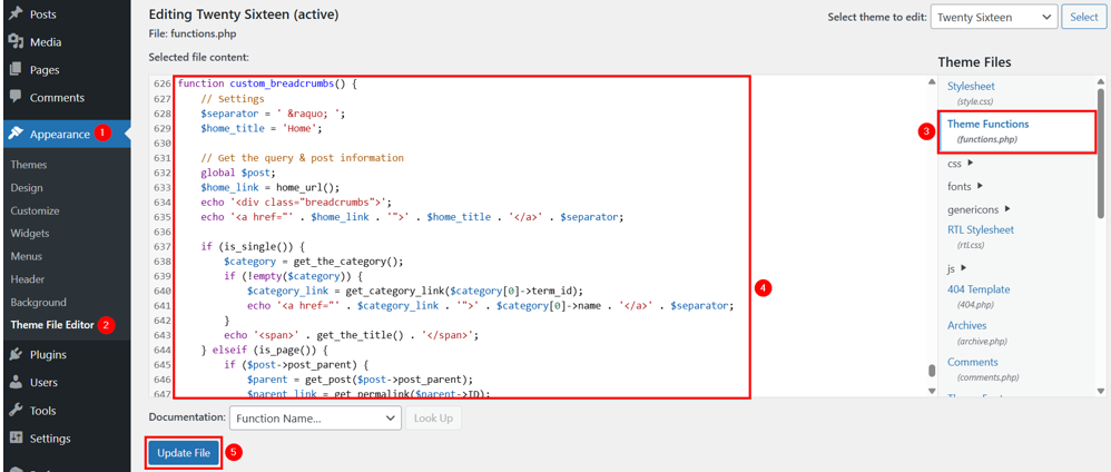 WordPress Breadcrumbs - Edit functions.php File to Write Breadcrumb Function