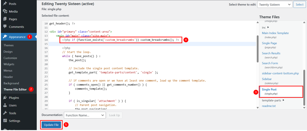 WordPress Breadcrumbs - Edit single.php File to Insert Breadcrumb Function