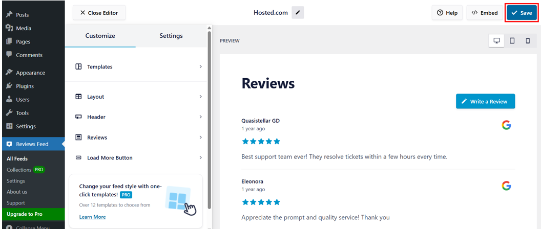 Embed Google Reviews In WordPress - Save Google Reviews Customization Settings