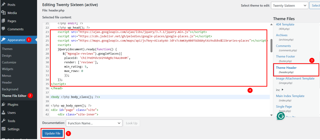 Embed Google Reviews In WordPress - Edit header.php File