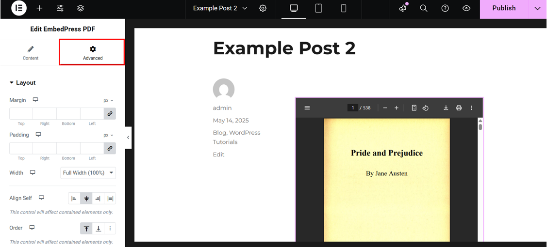 How To Embed A PDF In WordPress - Embedded PDF Document’s Advanced Settings