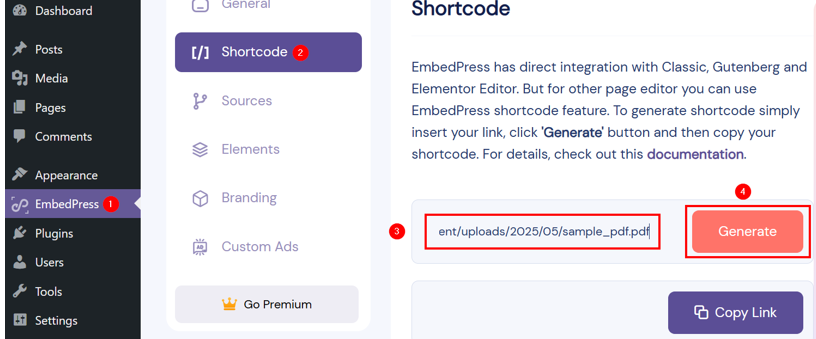 How To Embed A PDF In WordPress - Generate Shortcode