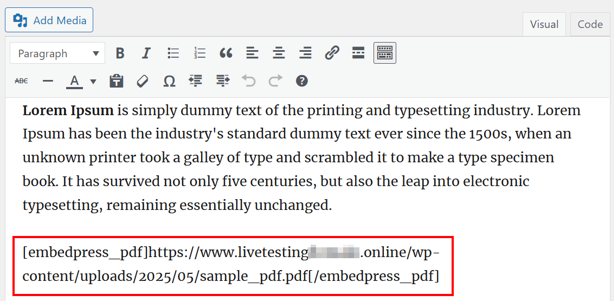 How To Embed A PDF In WordPress - Insert Shortcode in Classic Editor