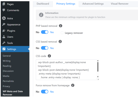 Remove The Author From WordPress Posts - WP Meta and Date Remover Primary Settings