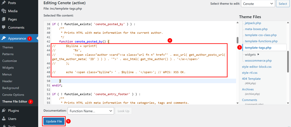 Remove The Author From WordPress Posts - Edit template-tags.php File