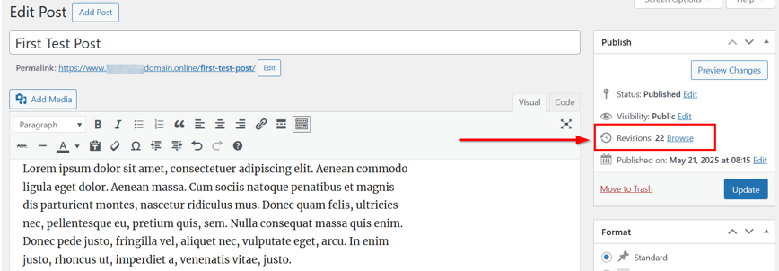Undo Changes In WordPress - Open Revisions Screen Using Classic Editor