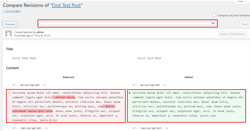 Undo Changes In WordPress - Use Slider to Move Forward or Backward to Find Required Revision