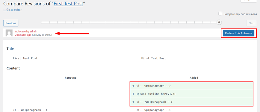 Undo Changes In WordPress - Autosave in Revisions Screen