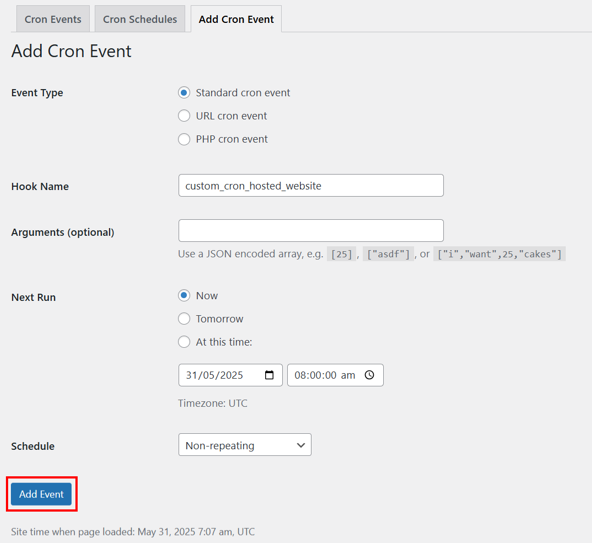 WordPress Cron Jobs - Add New Cron Event
