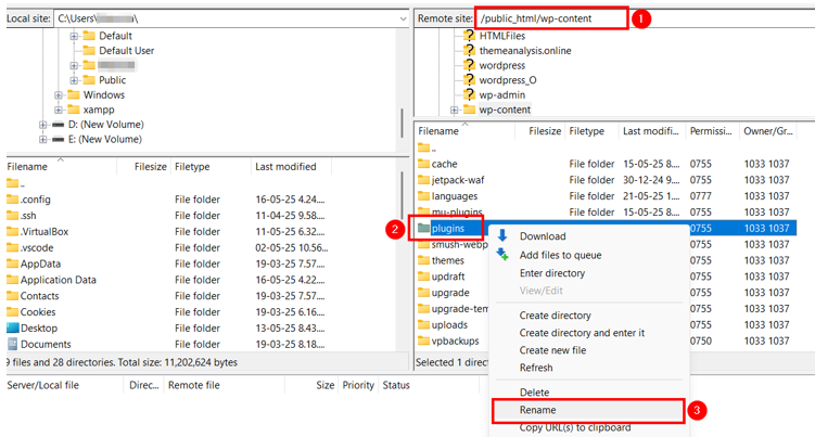 Fix: Sorry, You Are Not Allowed To Access This Page - Disable All Plugins Using FileZilla