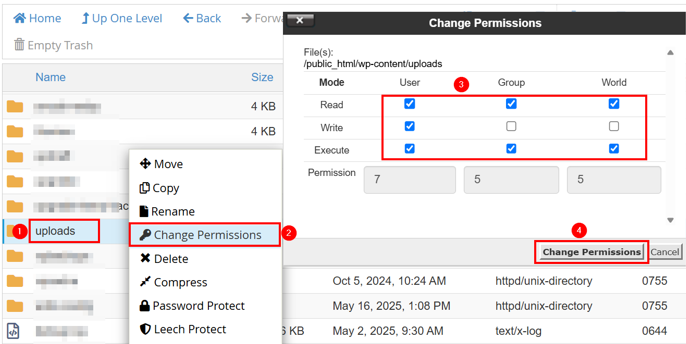 Fix 413 Request Entity Too Large Error In WordPress - Set Uploads Folder Permission