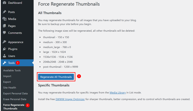 WordPress Media Library Not Showing Images - Force Regenrate Thumnails