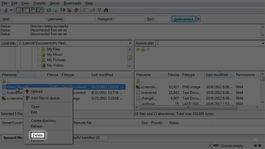 Upload Files Using FileZilla - Delete
