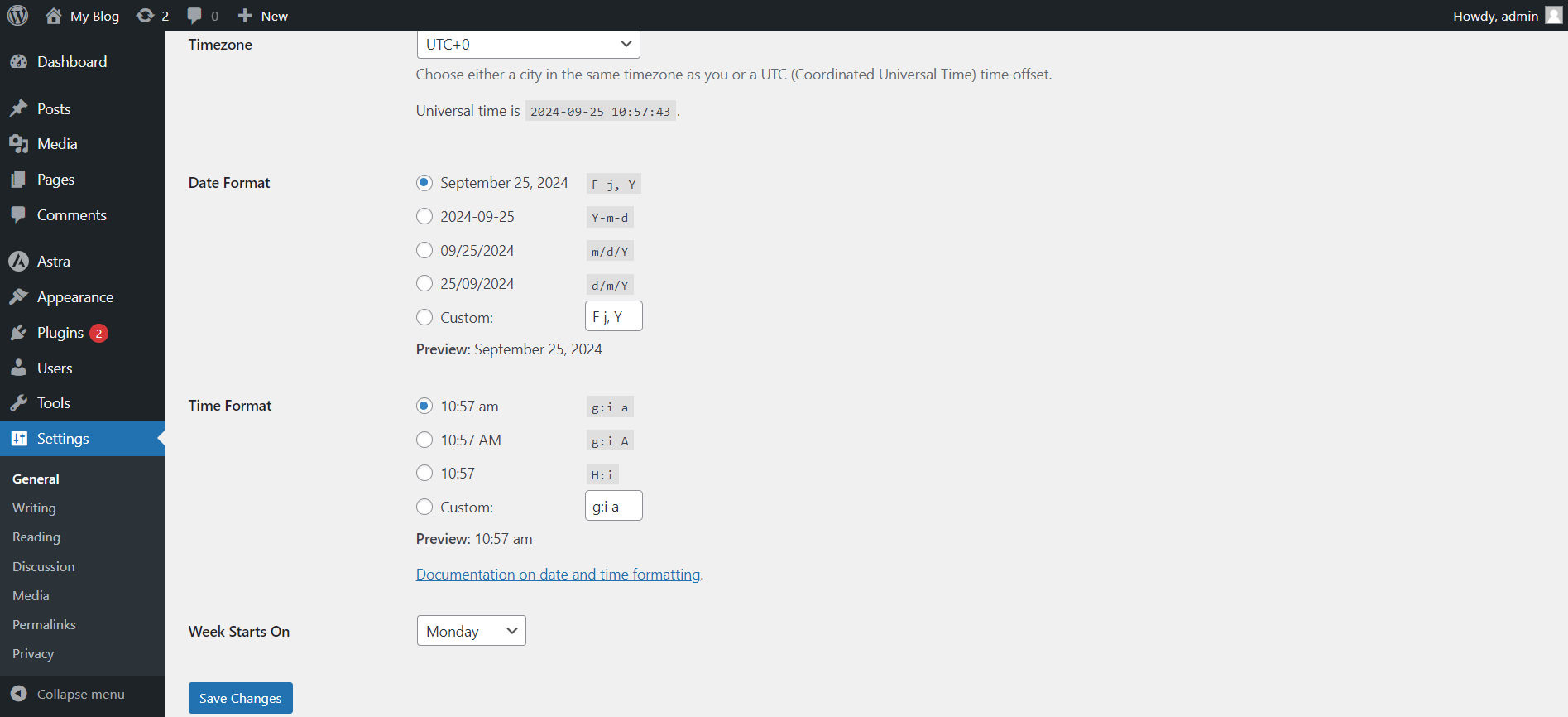 Change Date And Time For A WordPress Website - Date And Time Settings