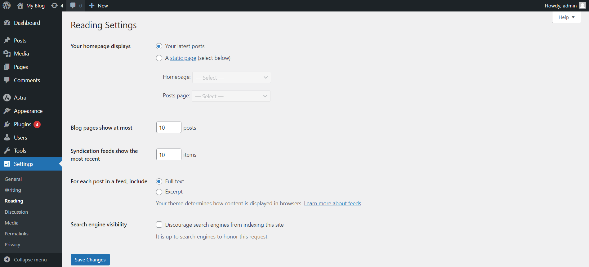 Change Reading Settings In WordPress - Reading Settings