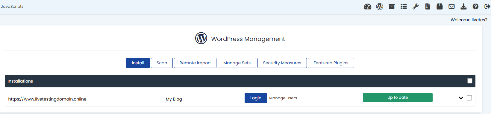 WordPress Staging Site - Installations Screen